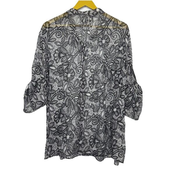 Coldwater Creek Floral Button Up Shirt 2x Chiffon Topper Black Roll Tab Sleeves - Picture 2 of 9